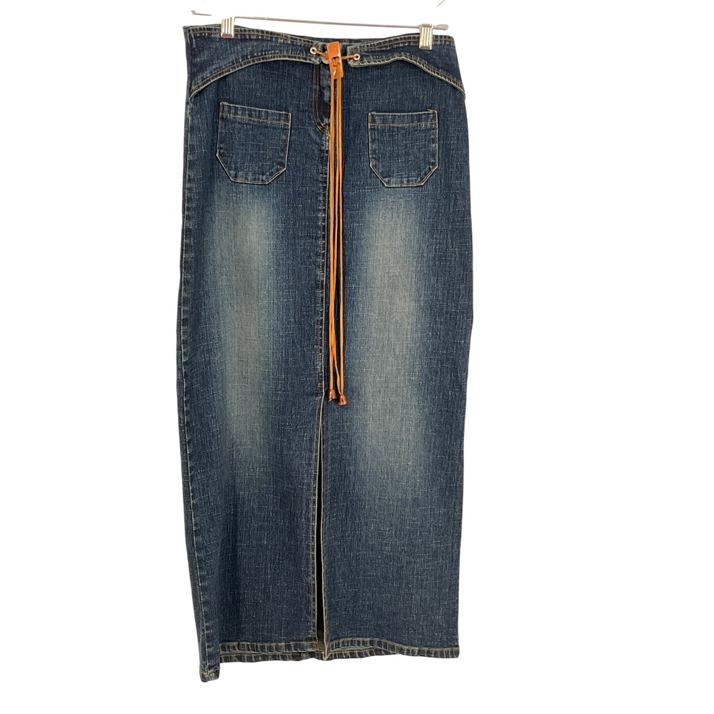 Womens Stretch Denim Maxi Skirt M Retro Western Cowgirl Front Slit Belt Tie